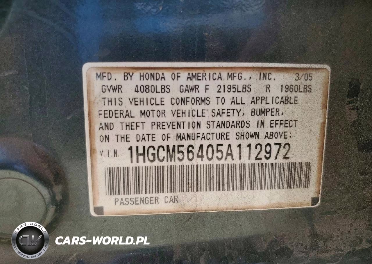 2005 Honda Accord Lx VIN:1HGCM56405A112972 - 13