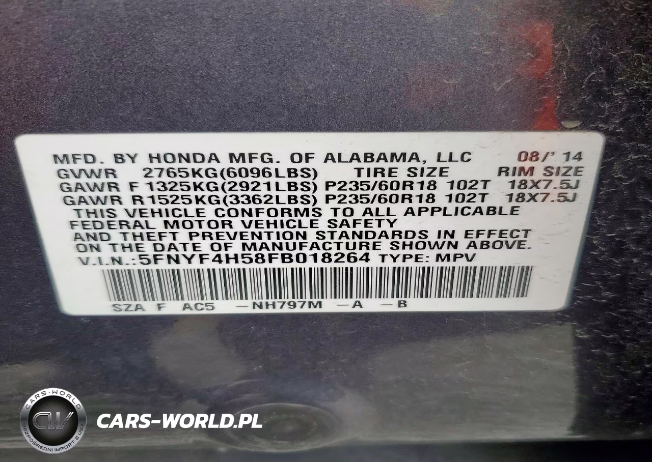 2015 Honda Pilot Exl VIN:5FNYF4H58FB018264 - 14