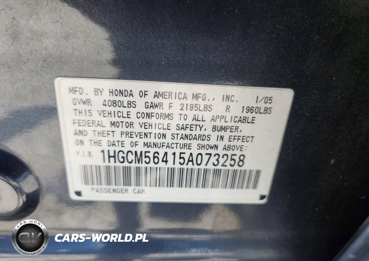 2005 Honda Accord Lx VIN:1HGCM56415A073258 - 12
