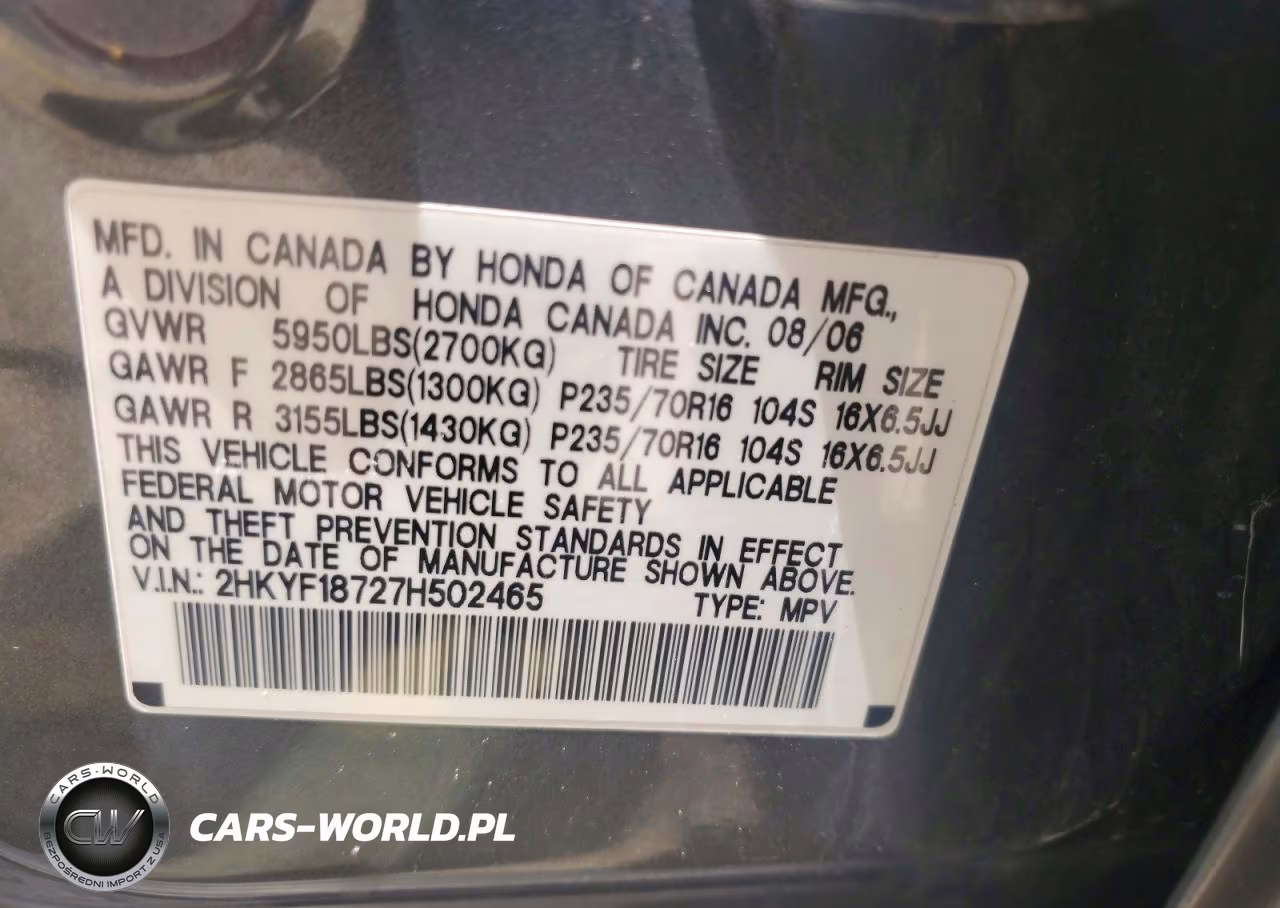 2007 Honda Pilot Exl VIN:2HKYF18727H502465 - 13