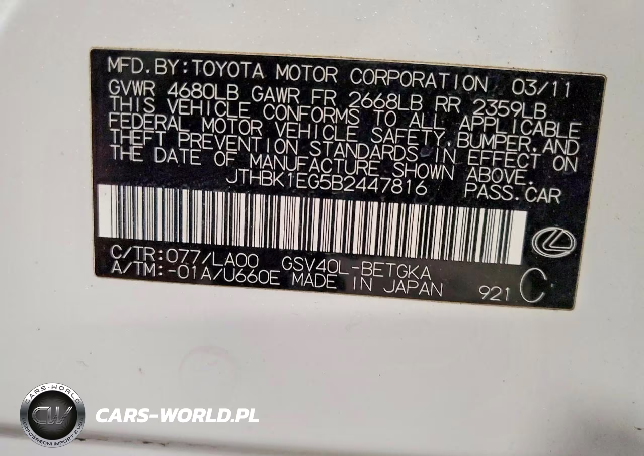 2011 Lexus Es 350 VIN:JTHBK1EG5B2447816 - 12