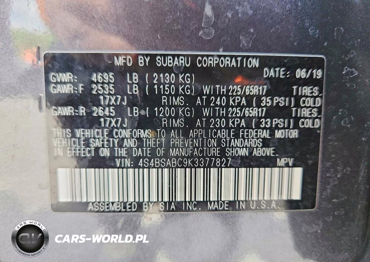 2019 Subaru Outback 2.5I VIN:4S4BSABC9K3377827 - 13