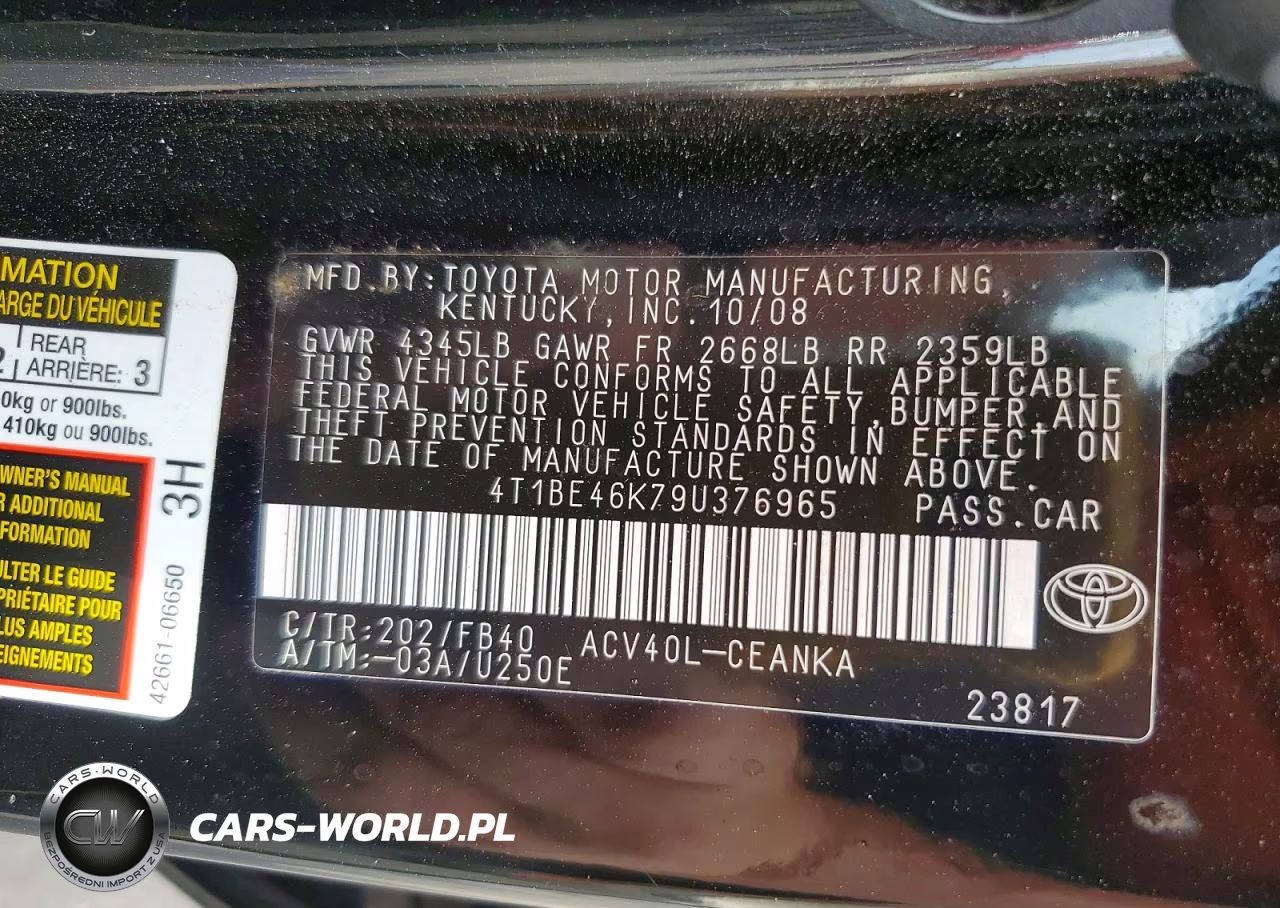 2009 Toyota Camry Base VIN:4T1BE46K79U376965 - 12