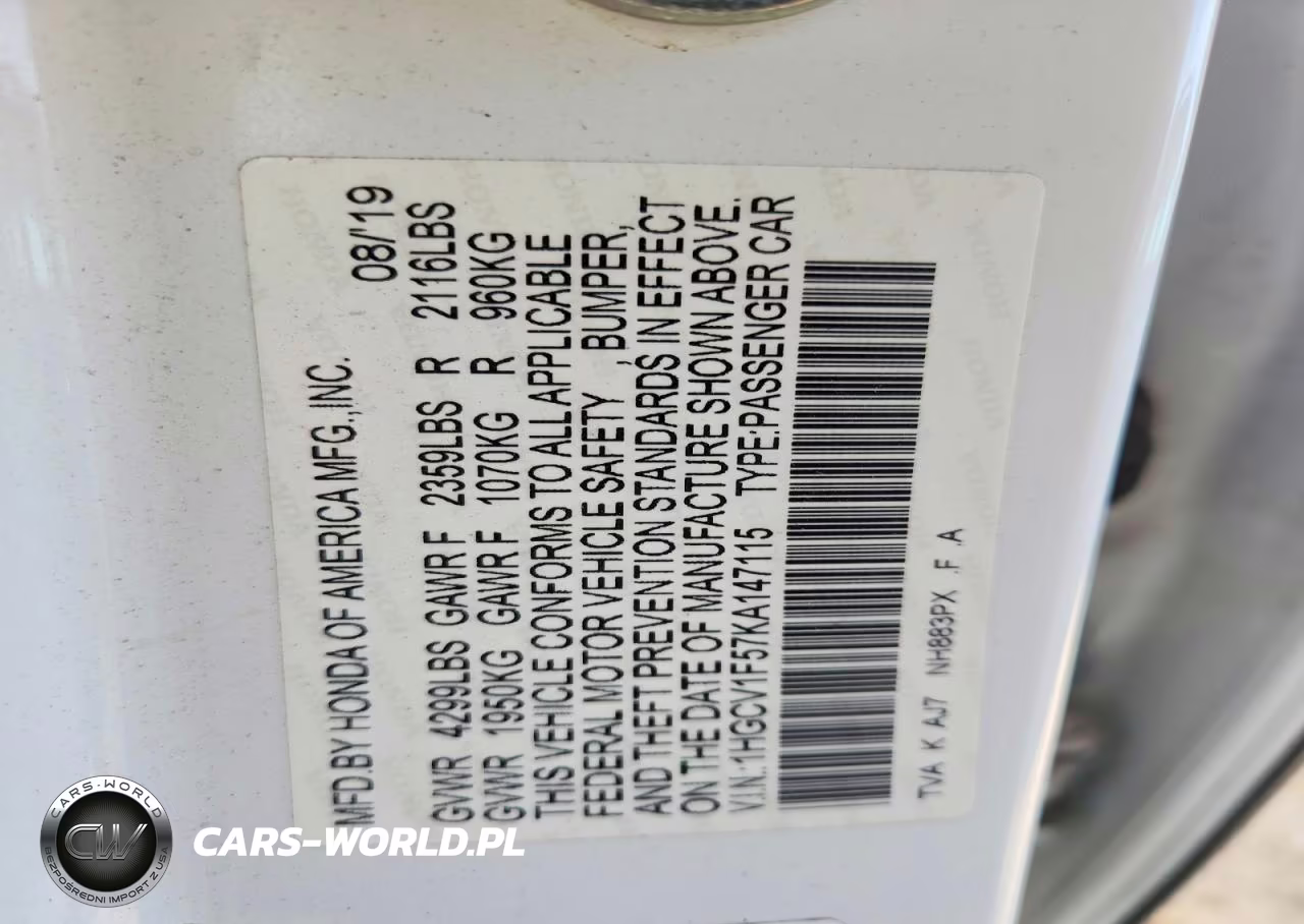 2019 Honda Accord Exl VIN:1HGCV1F57KA147115 - 12