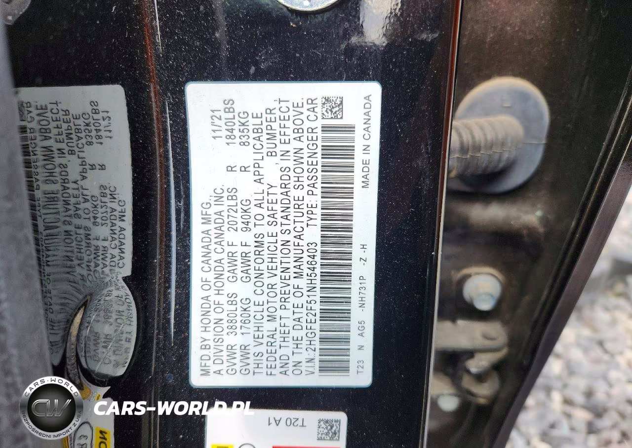 2022 Honda Civic Sport VIN:2HGFE2F51NH546403 - 12