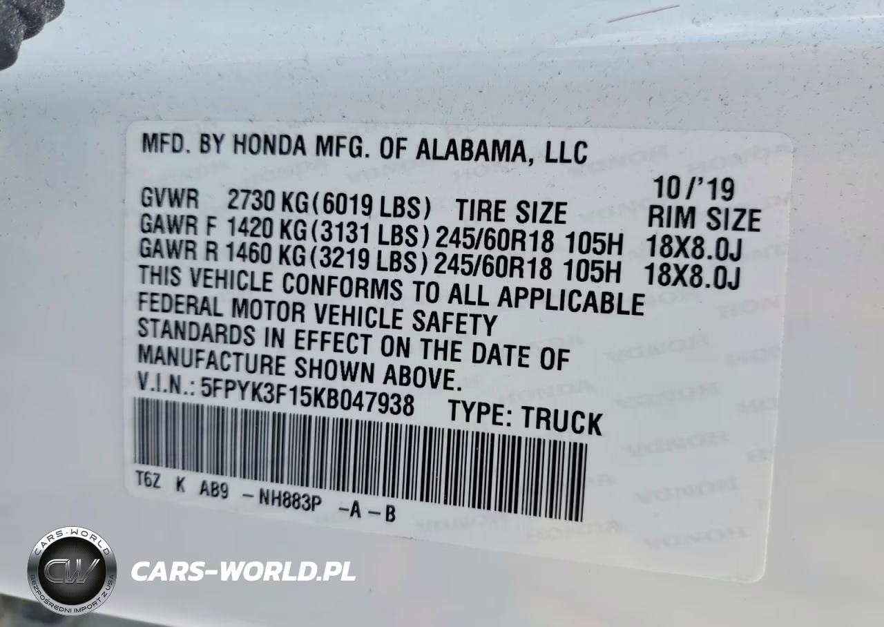 2019 Honda Ridgeline Sport VIN:5FPYK3F15KB047938 - 12
