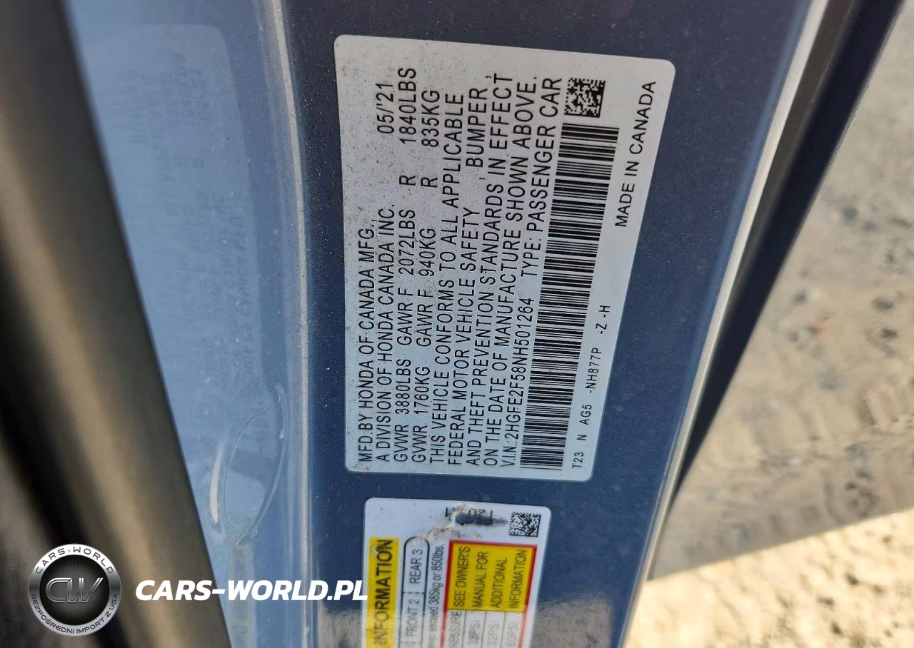 2022 Honda Civic Sport VIN:2HGFE2F58NH501264 - 12