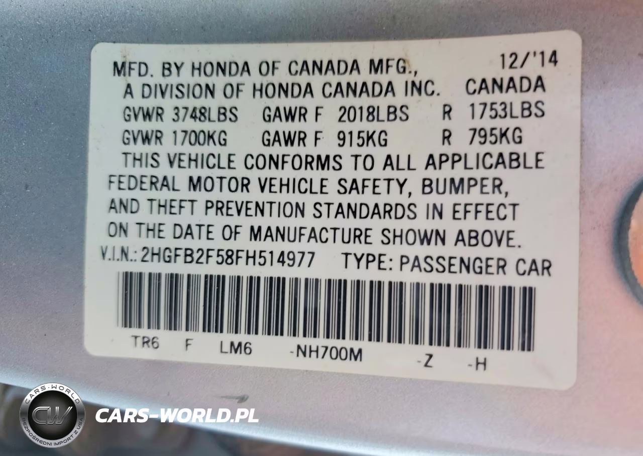 2015 Honda Civic Lx VIN:2HGFB2F58FH514977 - 12