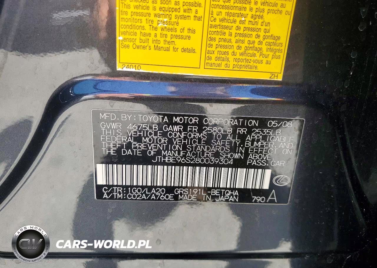 2008 Lexus Gs 350 VIN:JTHBE96S280039304 - 12