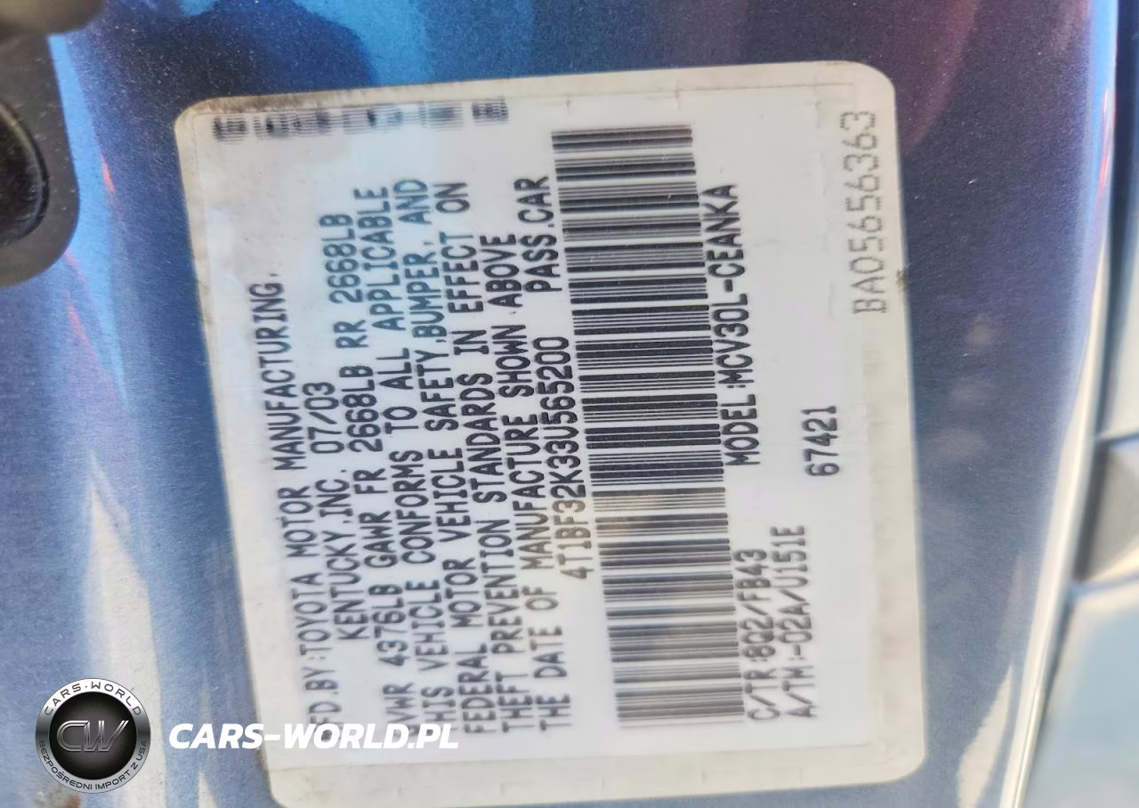 2003 Toyota Camry Le V6 VIN:4T1BF32K33U565200 - 12