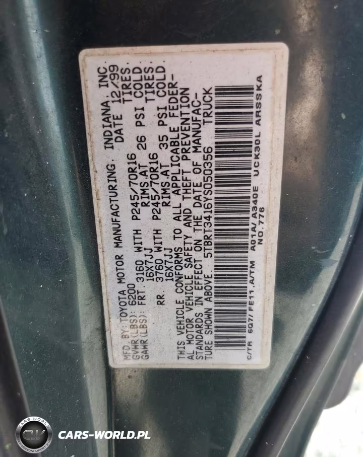 2000 Toyota Tundra Sr5 VIN:5TBRT3416YS050356 - 12