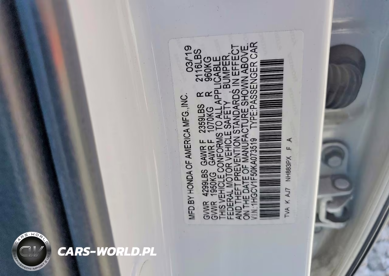 2019 Honda Accord Exl VIN:1HGCV1F50KA073519 - 13