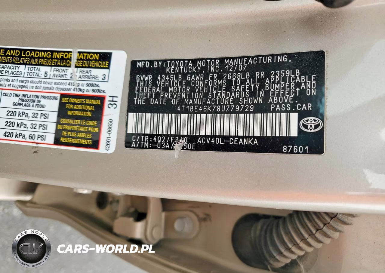 2008 Toyota Camry VIN:4T1BE46K78U779729 - 12