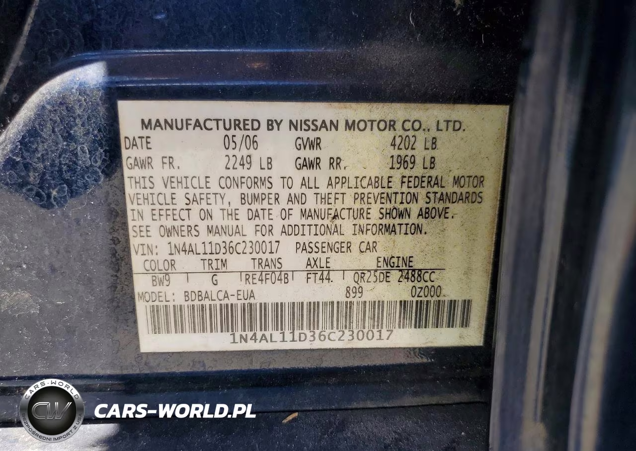 2006 Nissan Altima Manual VIN:1N4AL11D36C230017 - 12