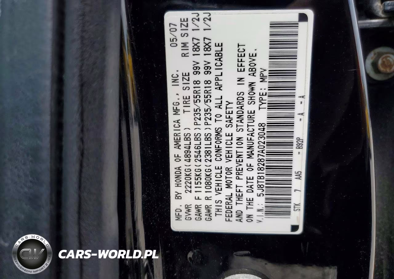 2007 Acura Rdx VIN:5J8TB18287A023048 - 14