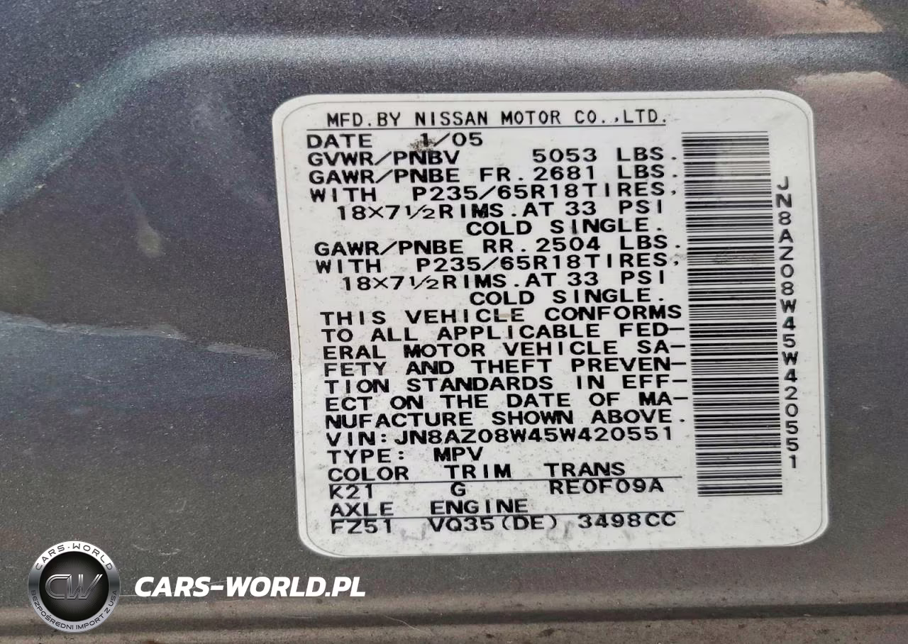 2005 Nissan Murano S VIN:JN8AZ08W45W420551 - 12
