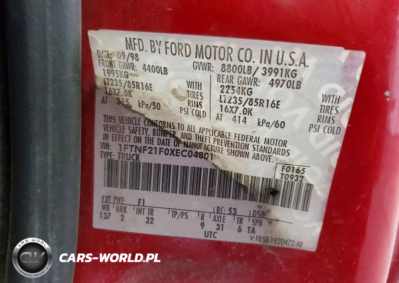 1999 Ford F250 Super Duty VIN:1FTNF21F0XEC04801 - 13