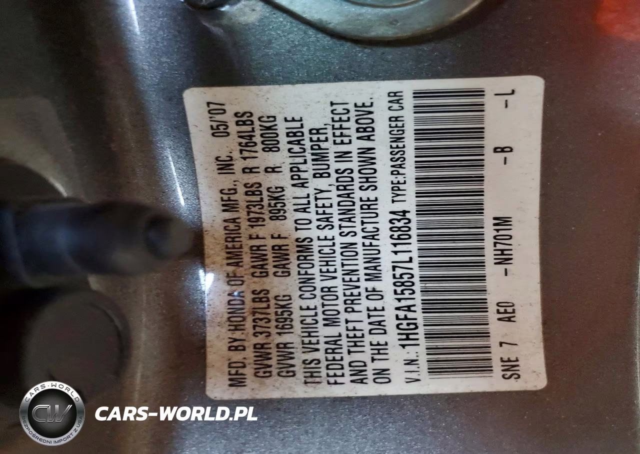 2007 Honda Civic Ex VIN:1HGFA15857L116834 - 12