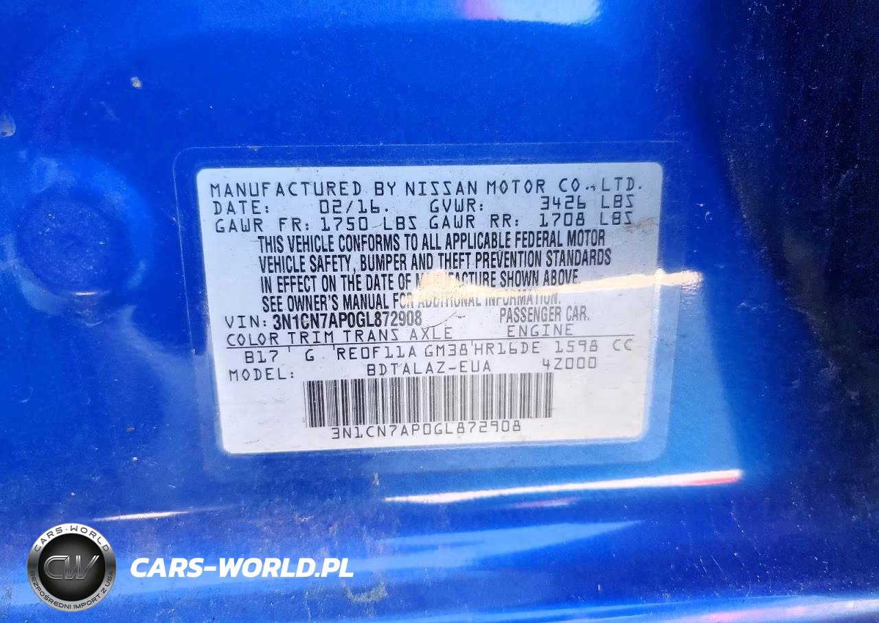 2016 Nissan Versa 1.6 S Plus VIN:3N1CN7AP0GL872908 - 12