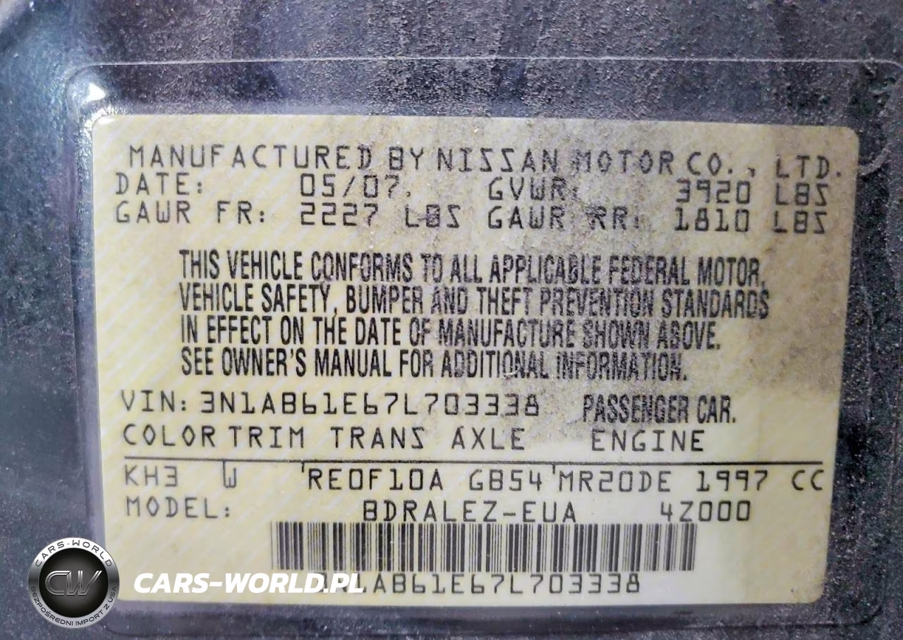 2007 Nissan Sentra 2.0 VIN:3N1AB61E67L703338 - 12