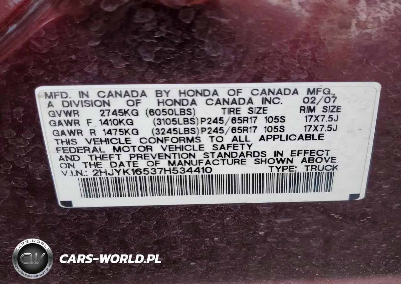 2007 Honda Ridgeline Rtl VIN:2HJYK16537H534410 - 12