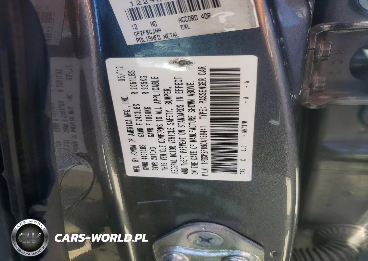 2012 Honda Accord Exl VIN:1HGCP2F89CA159441 - 12