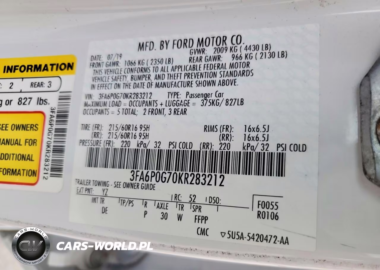 2019 Ford Fusion S VIN:3FA6P0G70KR283212 - 12