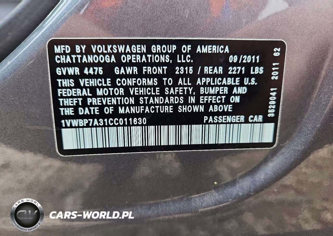 2012 Volkswagen Passat Se VIN:1VWBP7A31CC011630 - 13
