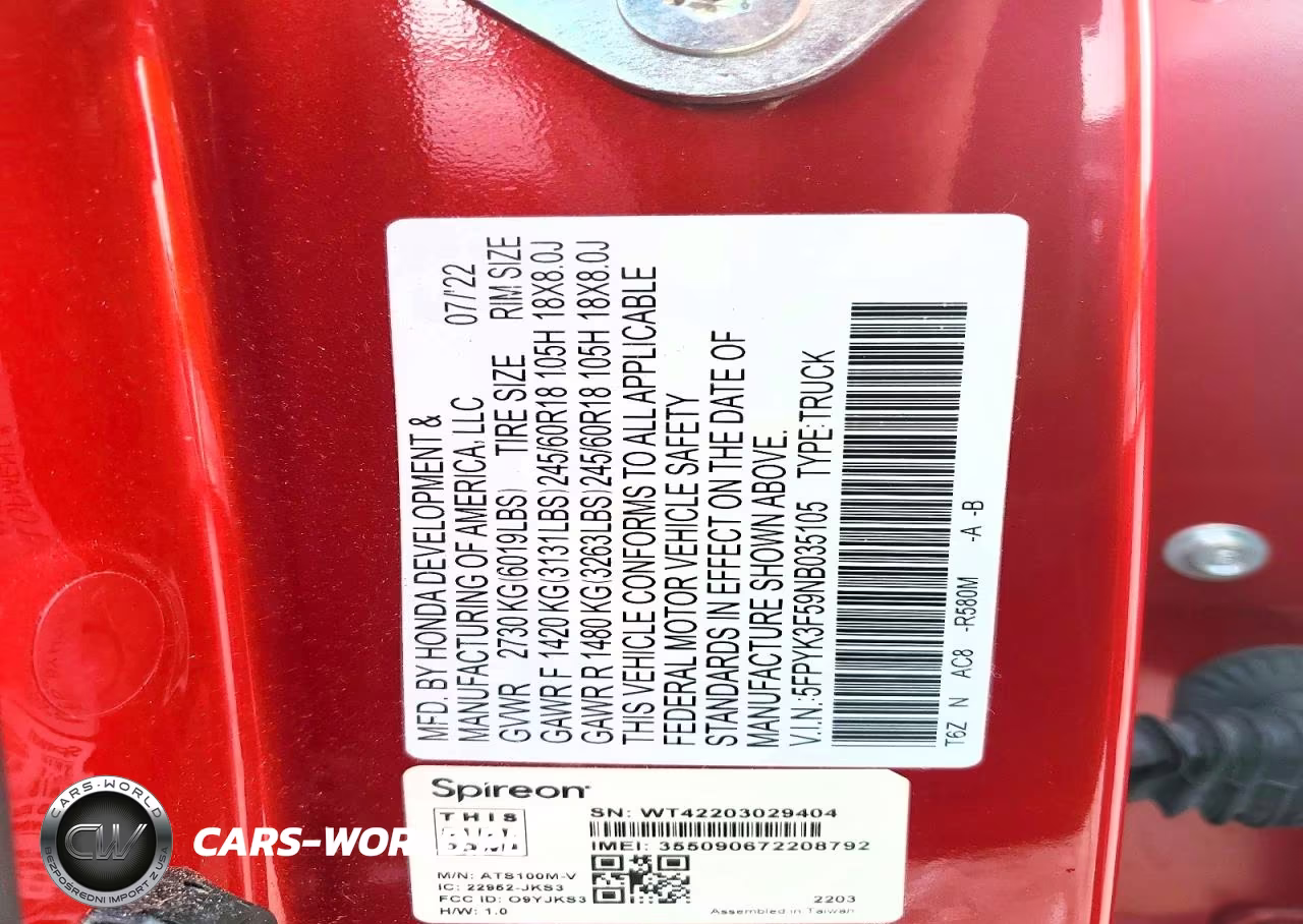 2022 Honda Ridgeline Rtl VIN:5FPYK3F59NB035105 - 12