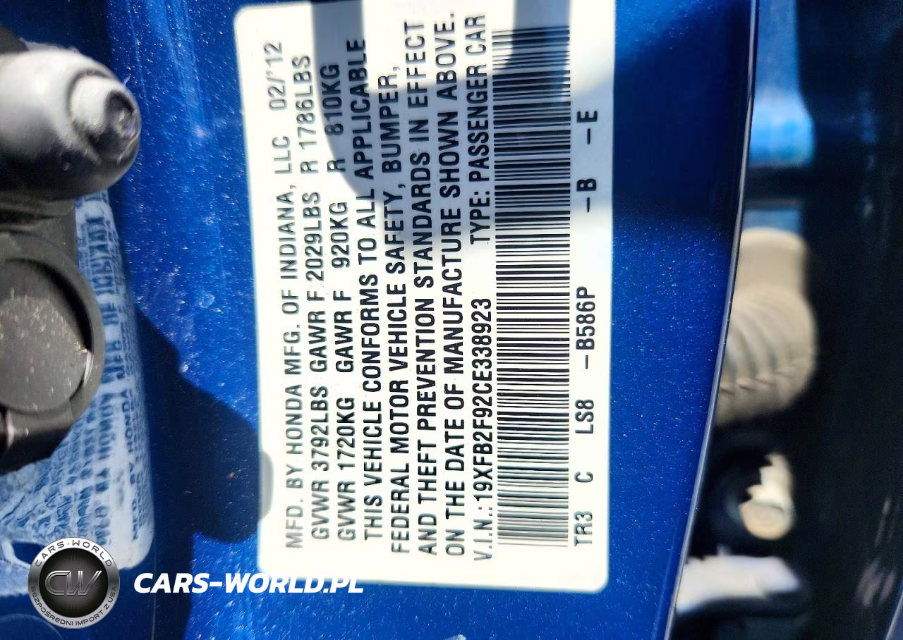 2012 Honda Civic Exl VIN:19XFB2F92CE338923 - 12