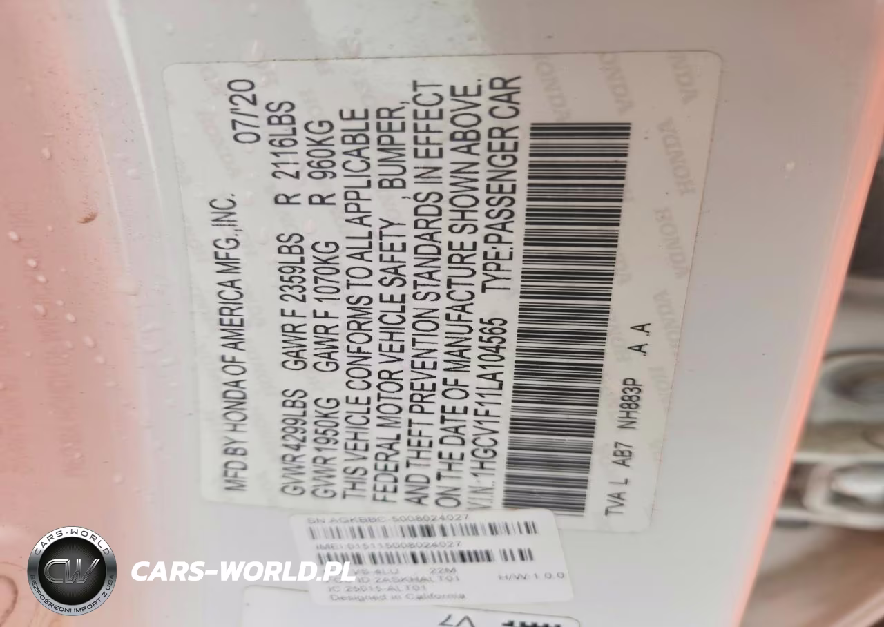 2020 Honda Accord VIN:1HGCV1F11LA104565 - 12