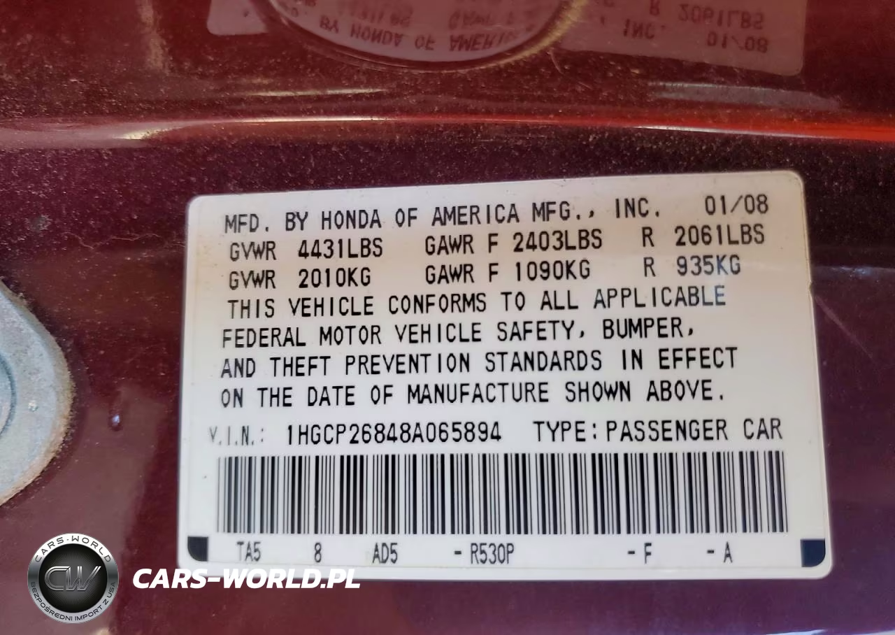 2008 Honda Accord Exl VIN:1HGCP26848A065894 - 12