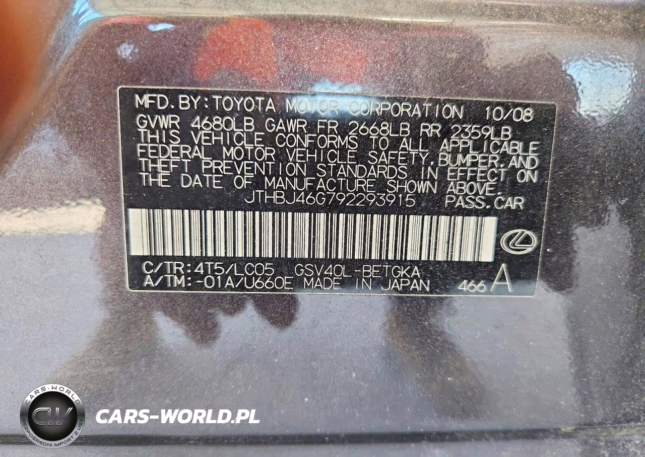 2009 Lexus Es 350 VIN:JTHBJ46G792293915 - 12