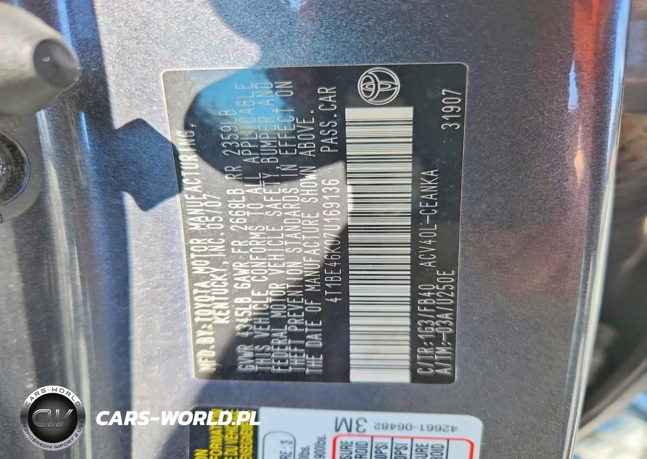 2007 Toyota Camry Le VIN:4T1BE46K07U169136 - 12