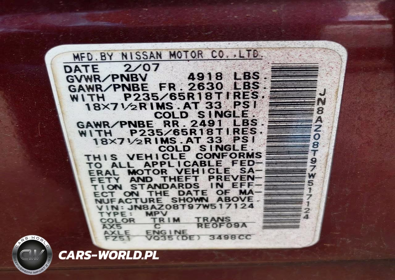 2007 Nissan Murano S VIN:JN8AZ08T97W517124 - 12