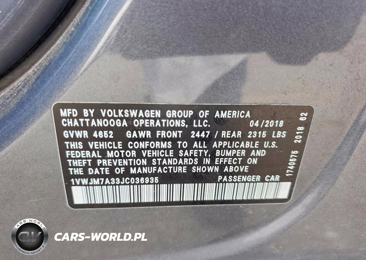 2018 Volkswagen Passat Gt VIN:1VWJM7A33JC036935 - 13