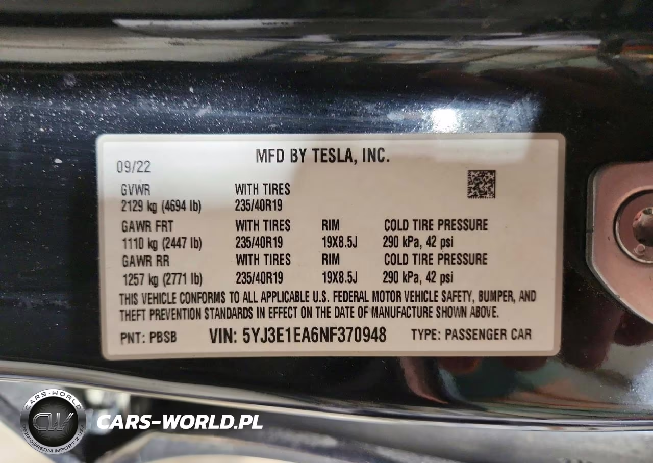 2022 Tesla Model 3 VIN:5YJ3E1EA6NF370948 - 12