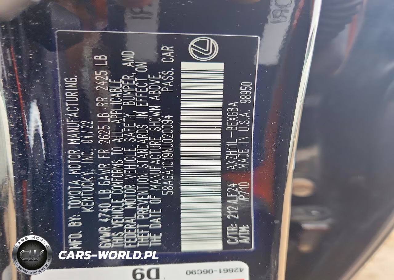 2022 Lexus Es 300H F Sport VIN:58AGA1C19NU020094 - 13