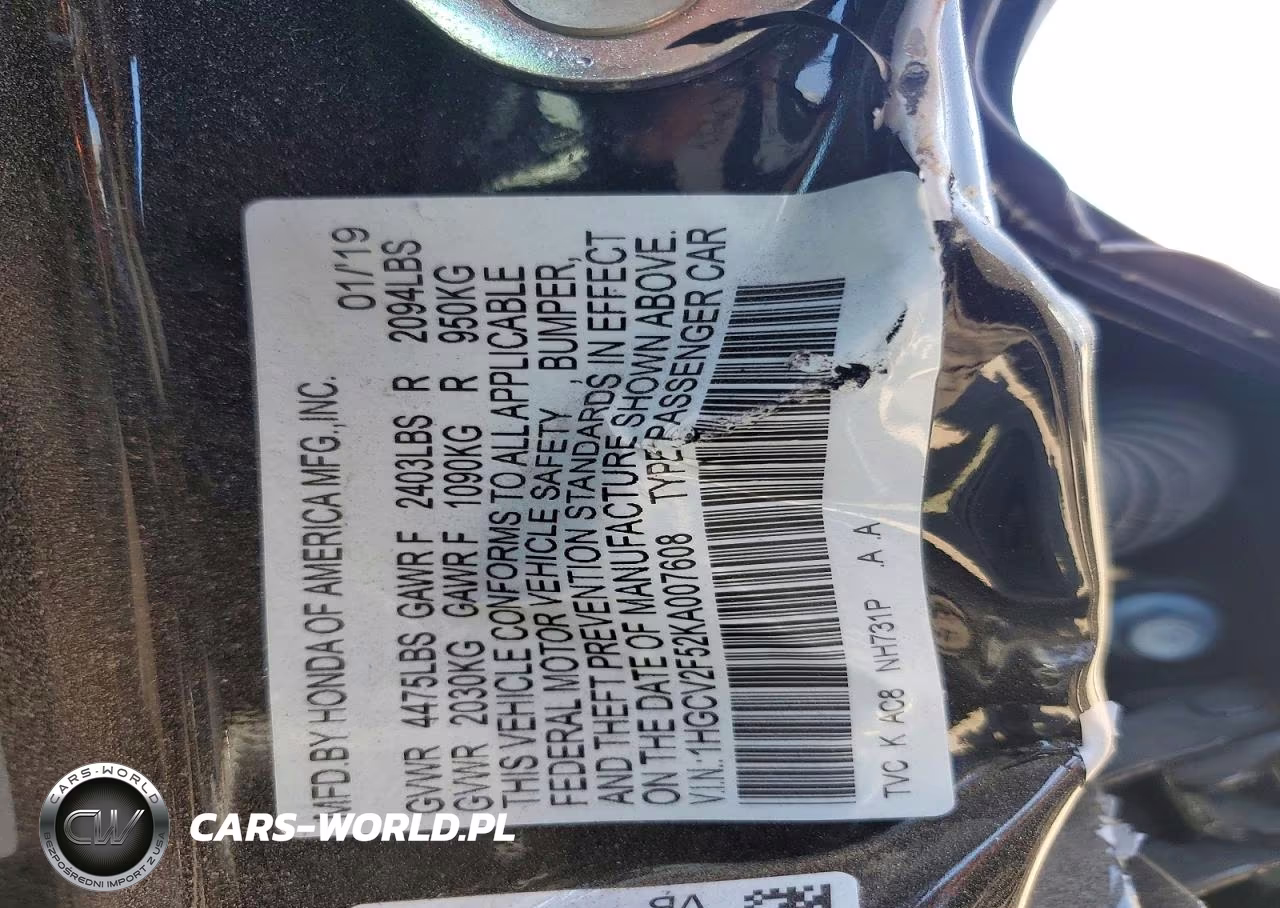 2019 Honda Accord Exl VIN:1HGCV2F52KA007608 - 12