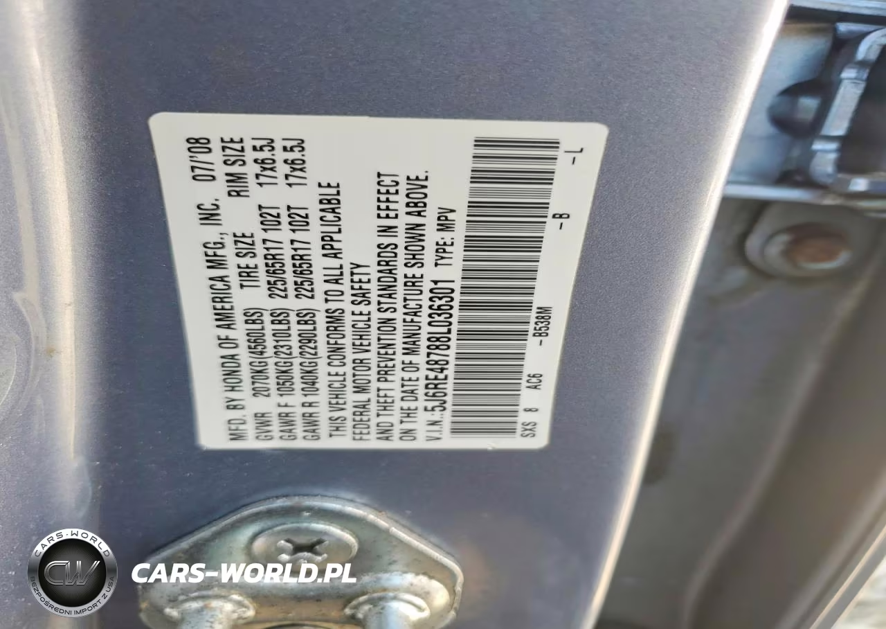 2008 Honda Cr-V Exl VIN:5J6RE48788L036301 - 13