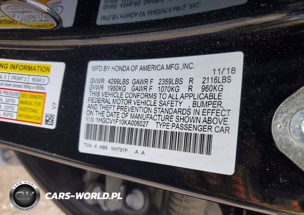 2019 Honda Accord Lx VIN:1HGCV1F10KA006027 - 12