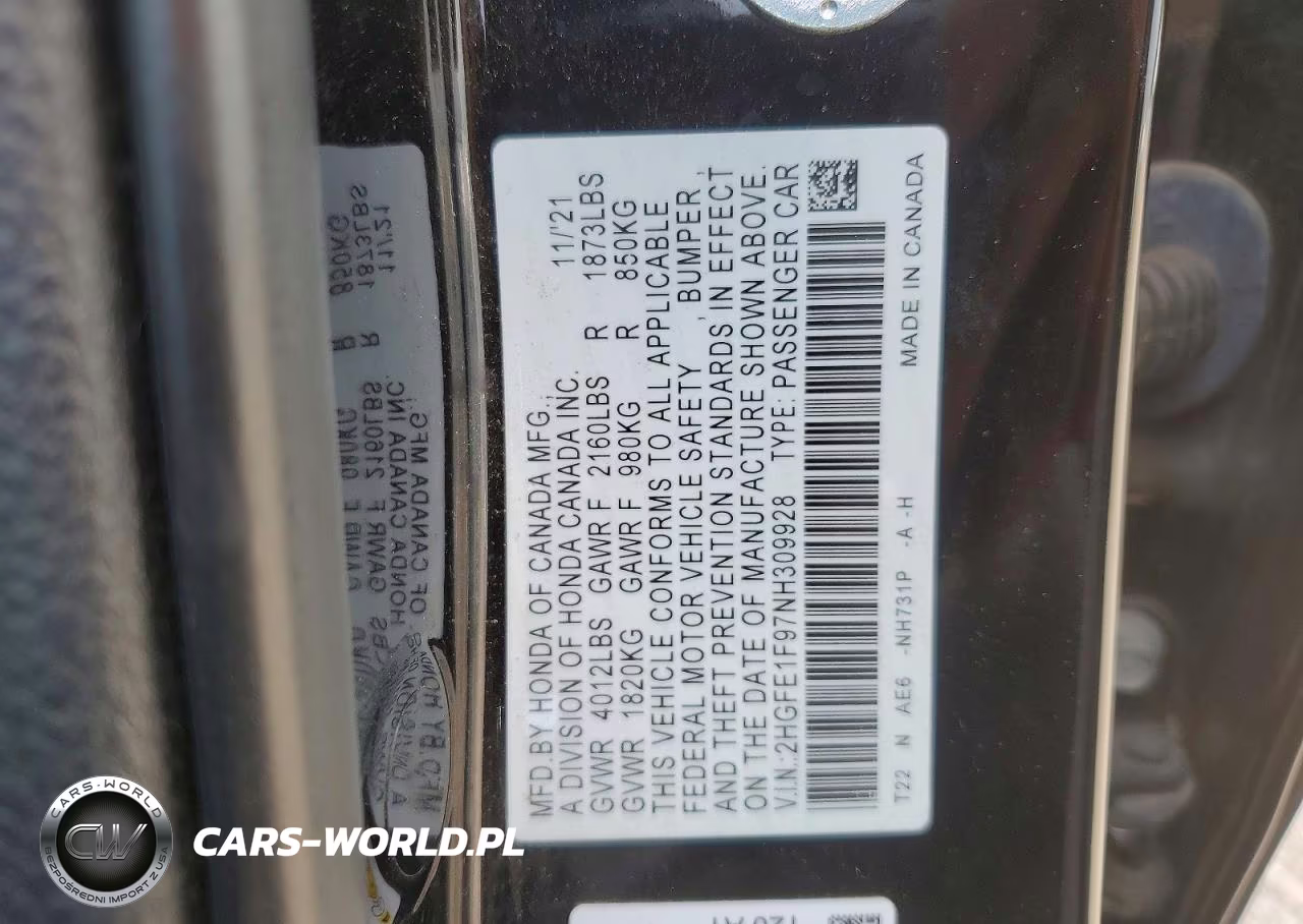 2022 Honda Civic Touring VIN:2HGFE1F97NH309928 - 13