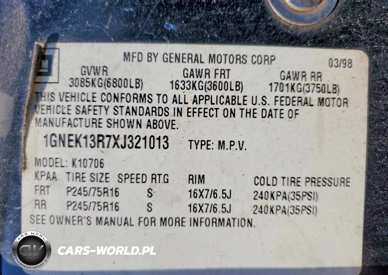 1999 Chevrolet Tahoe K1500 VIN:1GNEK13R7XJ321013 - 13