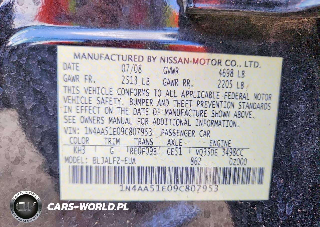 2009 Nissan Maxima 3.5 S VIN:1N4AA51E09C807953 - 12