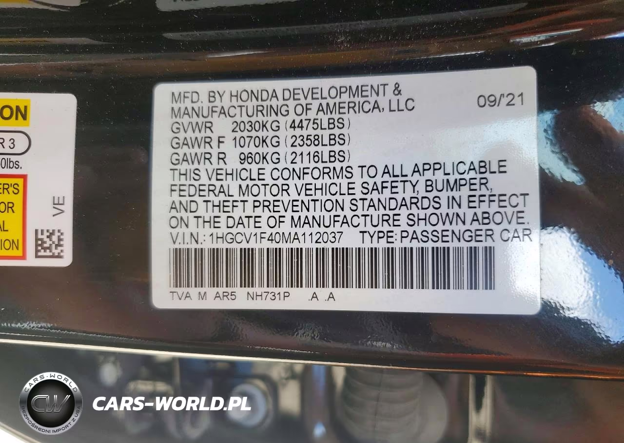 2021 Honda Accord Sport Se VIN:1HGCV1F40MA112037 - 12
