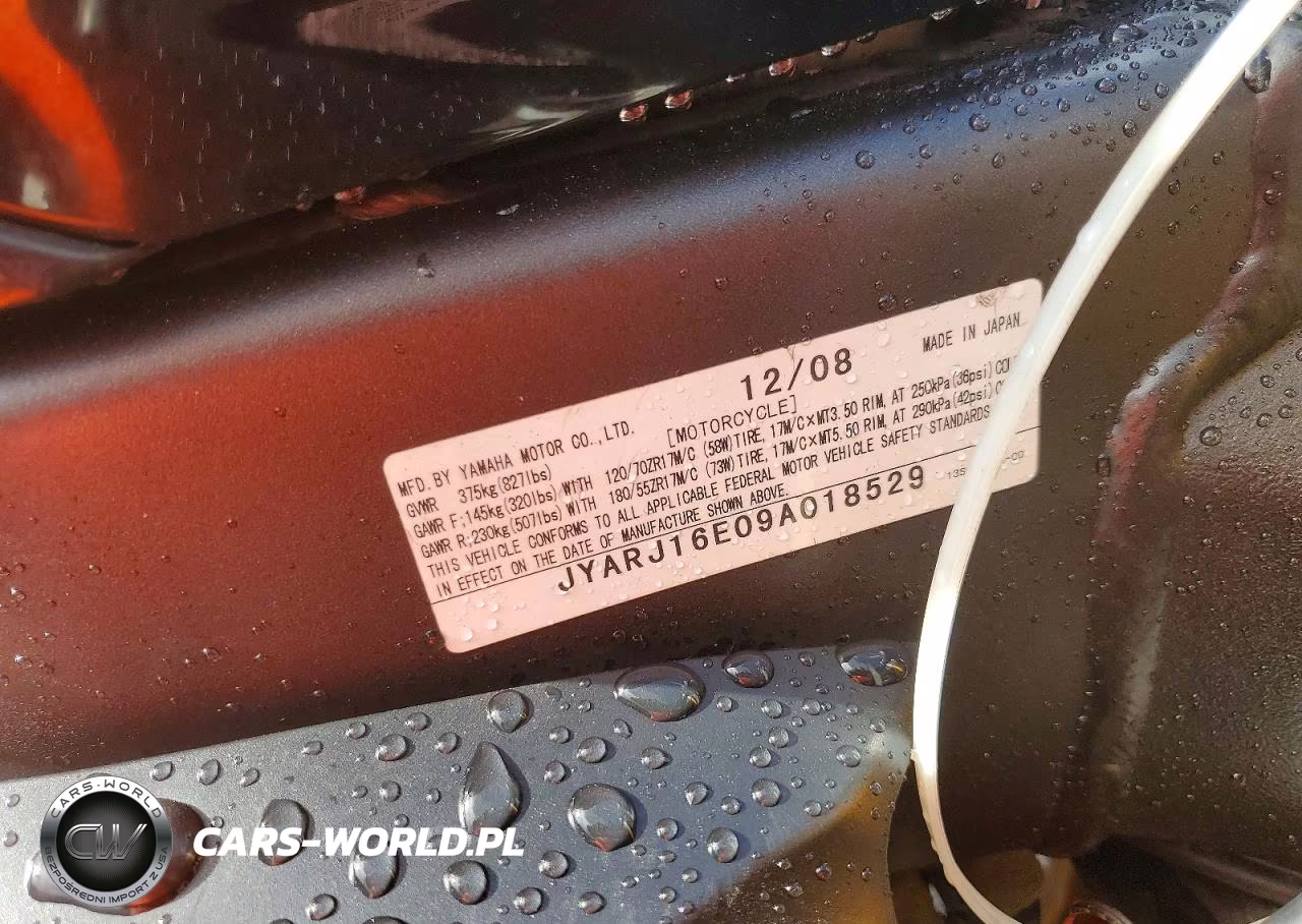 2009 Yama Yzfr6 VIN:JYARJ16E09A018529 - 9
