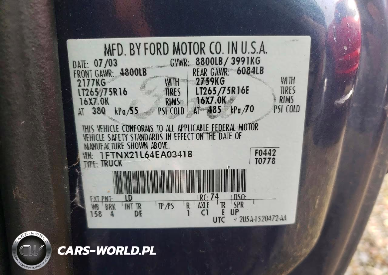 2004 Ford F250 Super Duty VIN:1FTNX21L64EA03418 - 12