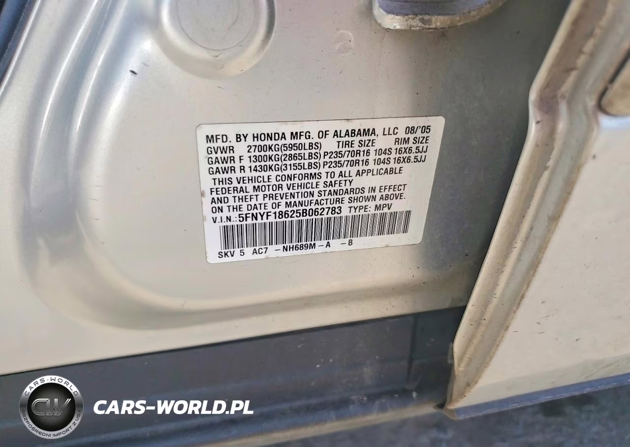 2005 Honda Pilot Exl VIN:5FNYF18625B062783 - 13