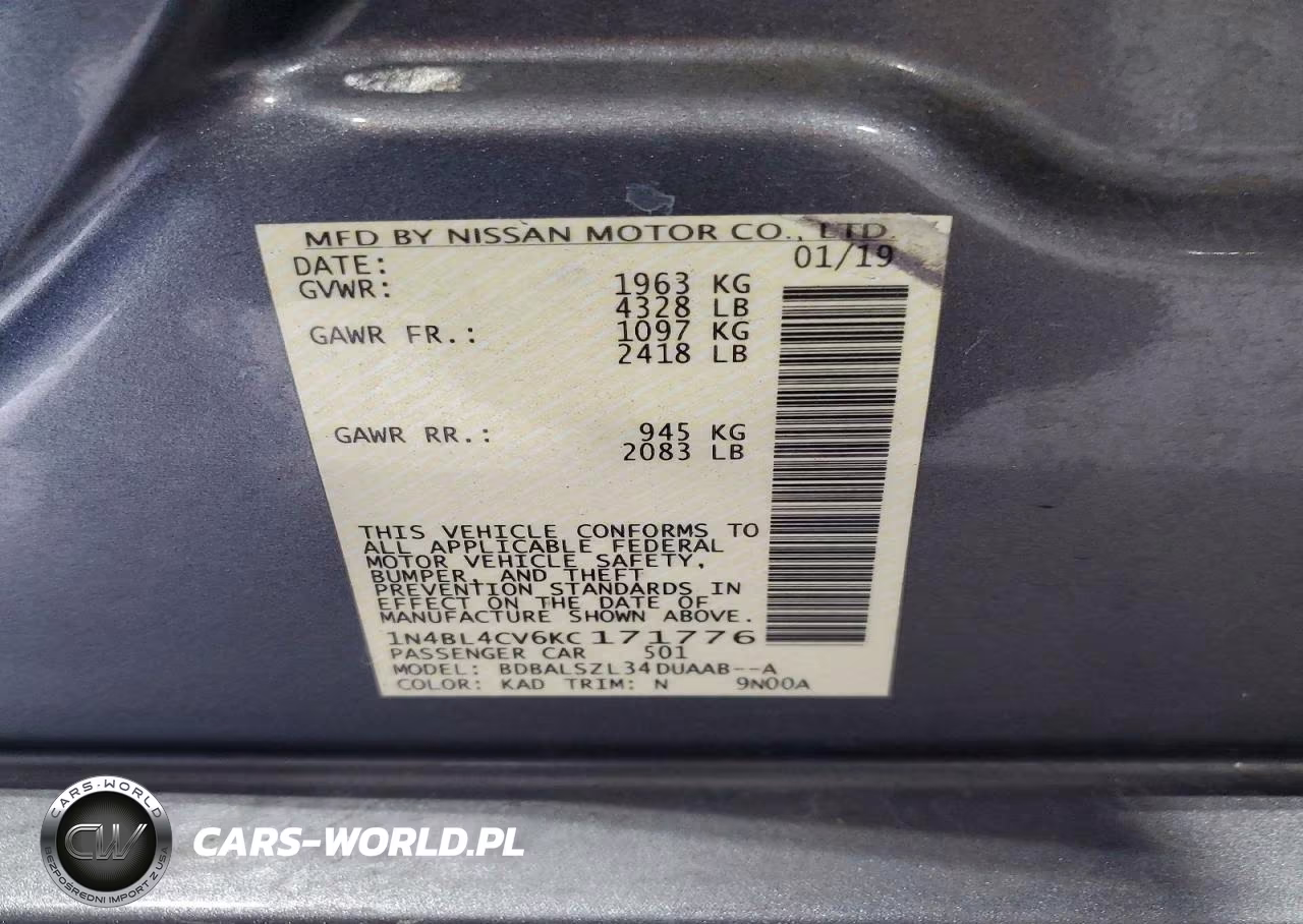 2019 Nissan Altima Sr VIN:1N4BL4CV6KC171776 - 12