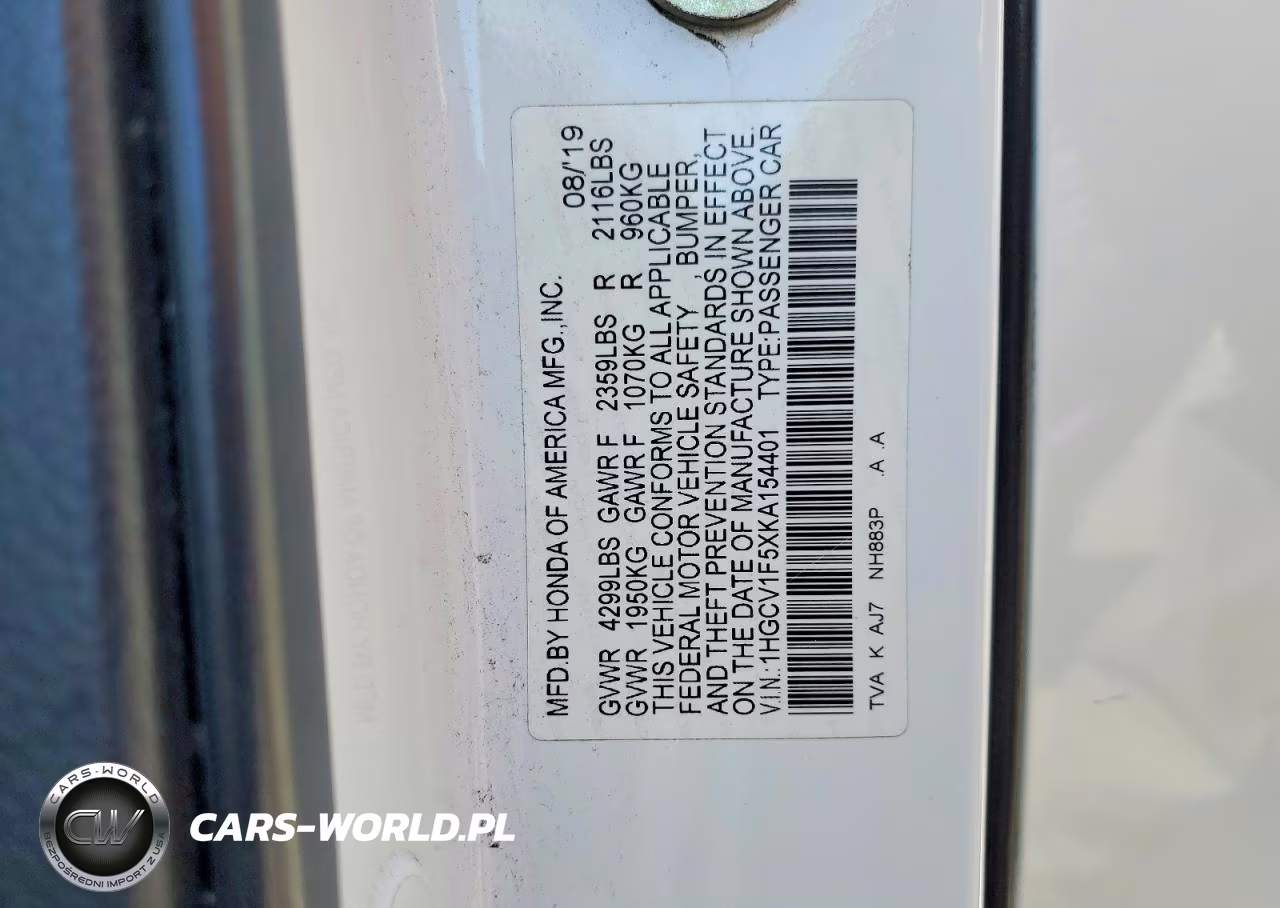 2019 Honda Accord Exl VIN:1HGCV1F5XKA154401 - 13